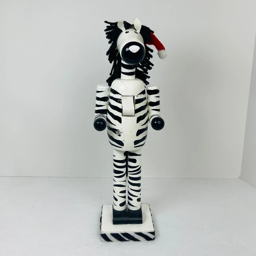 Zebra Wooden Nutcracker Christmas Decor Safari Animal Santa Hat 12 Inch